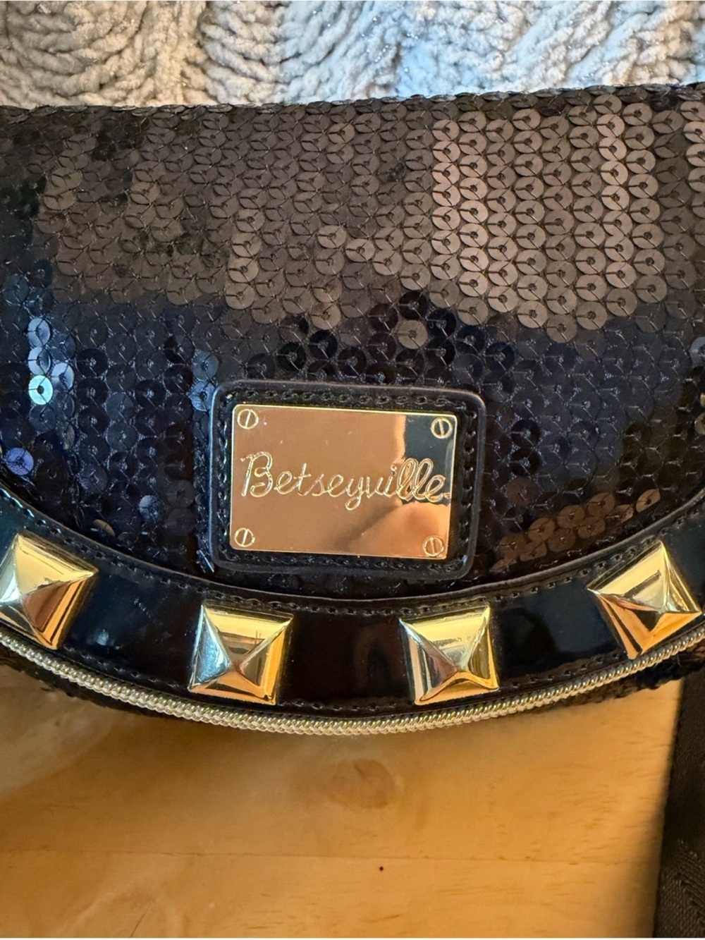 Betsey Johnson Black Sequin Crossbody with Gold Studs - Picture 3 of 5